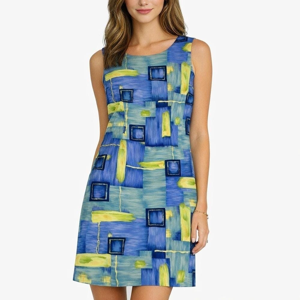 John Roberts Blue‎ Green Abstract Geometric Print Sleeveless Shift Dress Size 14
